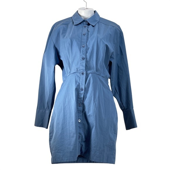 Zara Dresses & Skirts - ZARA boho peasant Blue Button Front Shirt Dress Long Sleeve‎ Cinched Waist XS